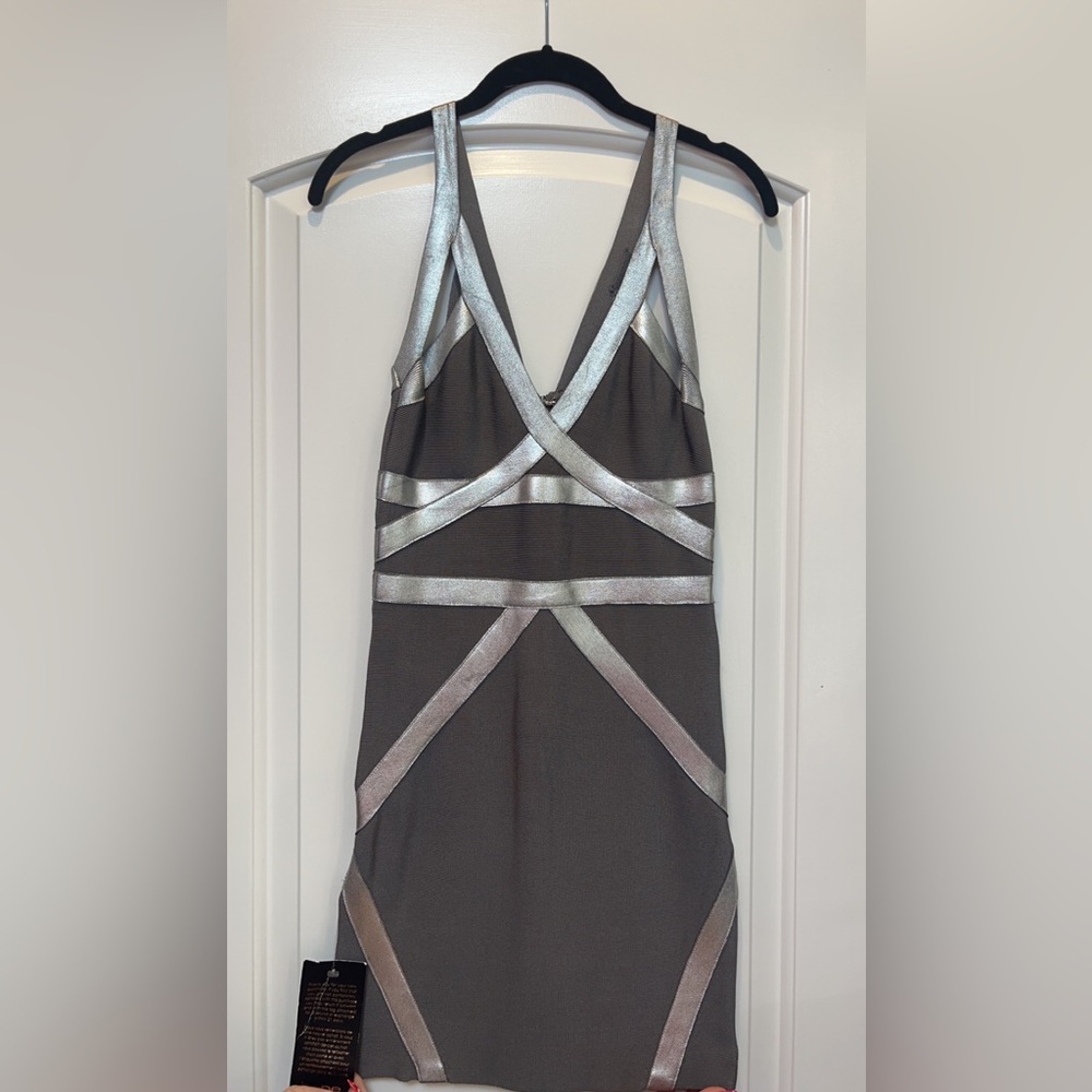 BEBE silver and gray bodycon mini